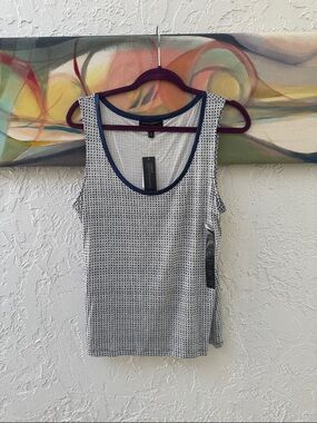 NWT Banana Republic White Tank with Navy Trim and Micro-Print